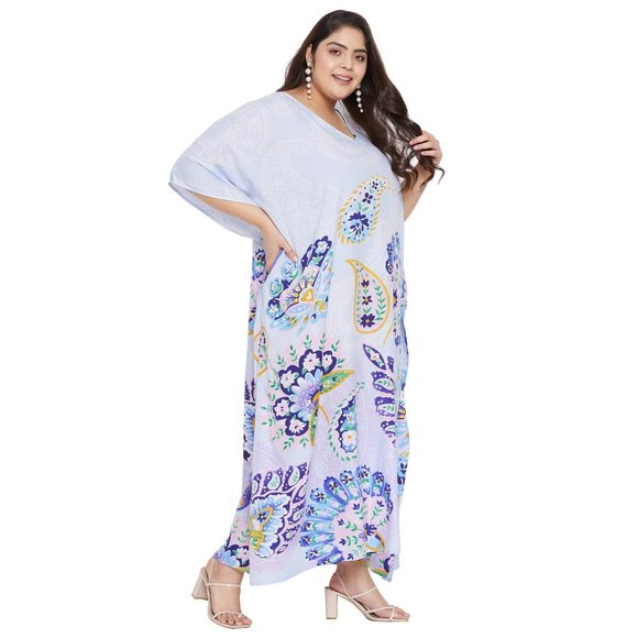 Women Plus Size Fit and Flare Paisley Printed White Kaftan Dress by Gypsie Blu - Picture 5 of 8